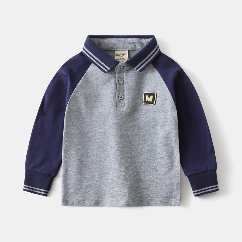 Boys Kids Long Sleeve Turn Down Collar Patchwork Polo Shirt Casual Top