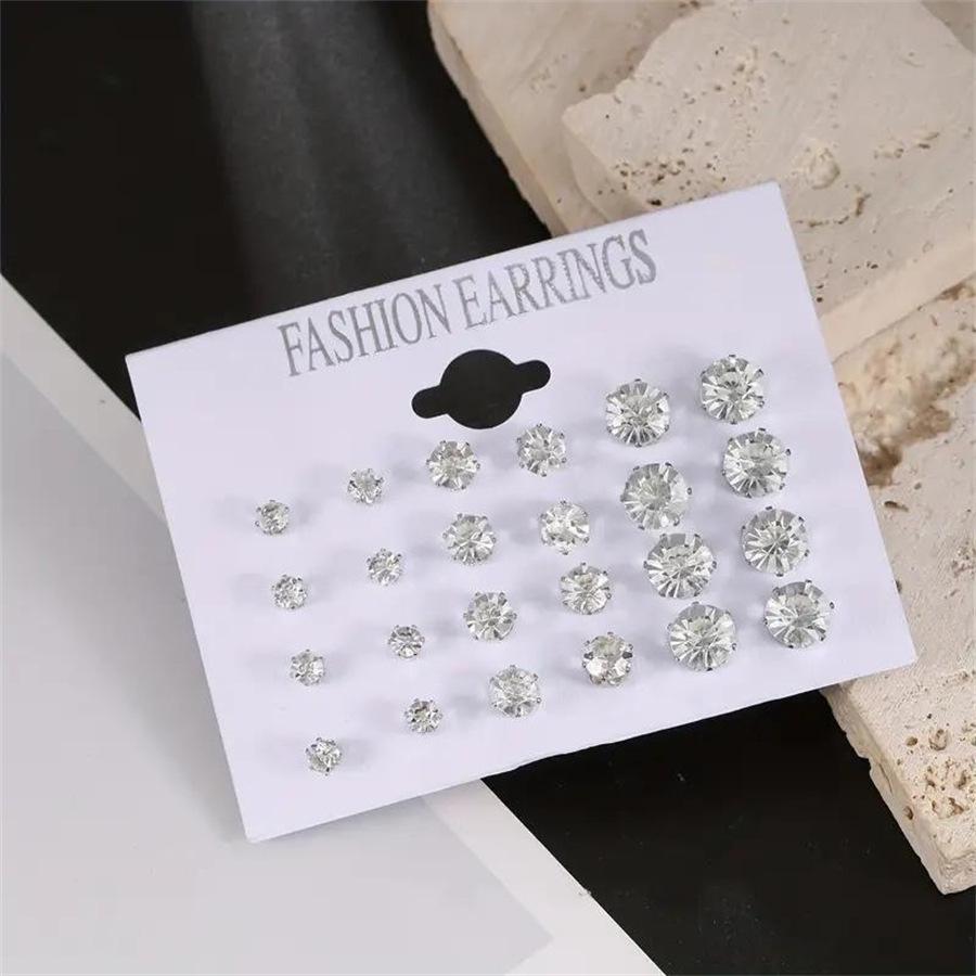 Geometric Six-Prong Crystal Zircon & Retro Pearl Stud Earring Set (12 Pairs)