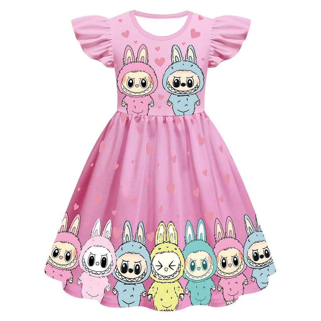 New Children'S Dress Cosplay Labubu Girls Flying Sleeve Skirt 3D Digital Printing