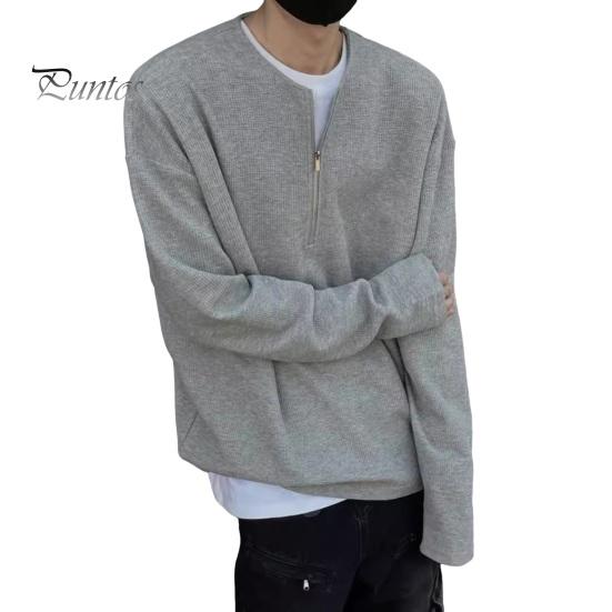 Мужской осенне-весенний топ с круглым вырезом, свободный, однотонный, с вафельной текстурой, с застежкой-молнией на половину длины, повседневная спортивная, школьная, рабочая толстовка M светло-серый