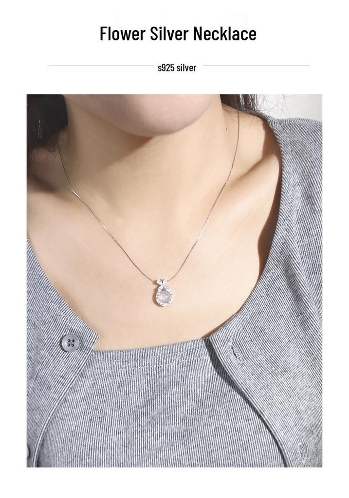 Exquisite S925 Sterling Silver Bowknot & Diamond Necklace with White Chalcedony