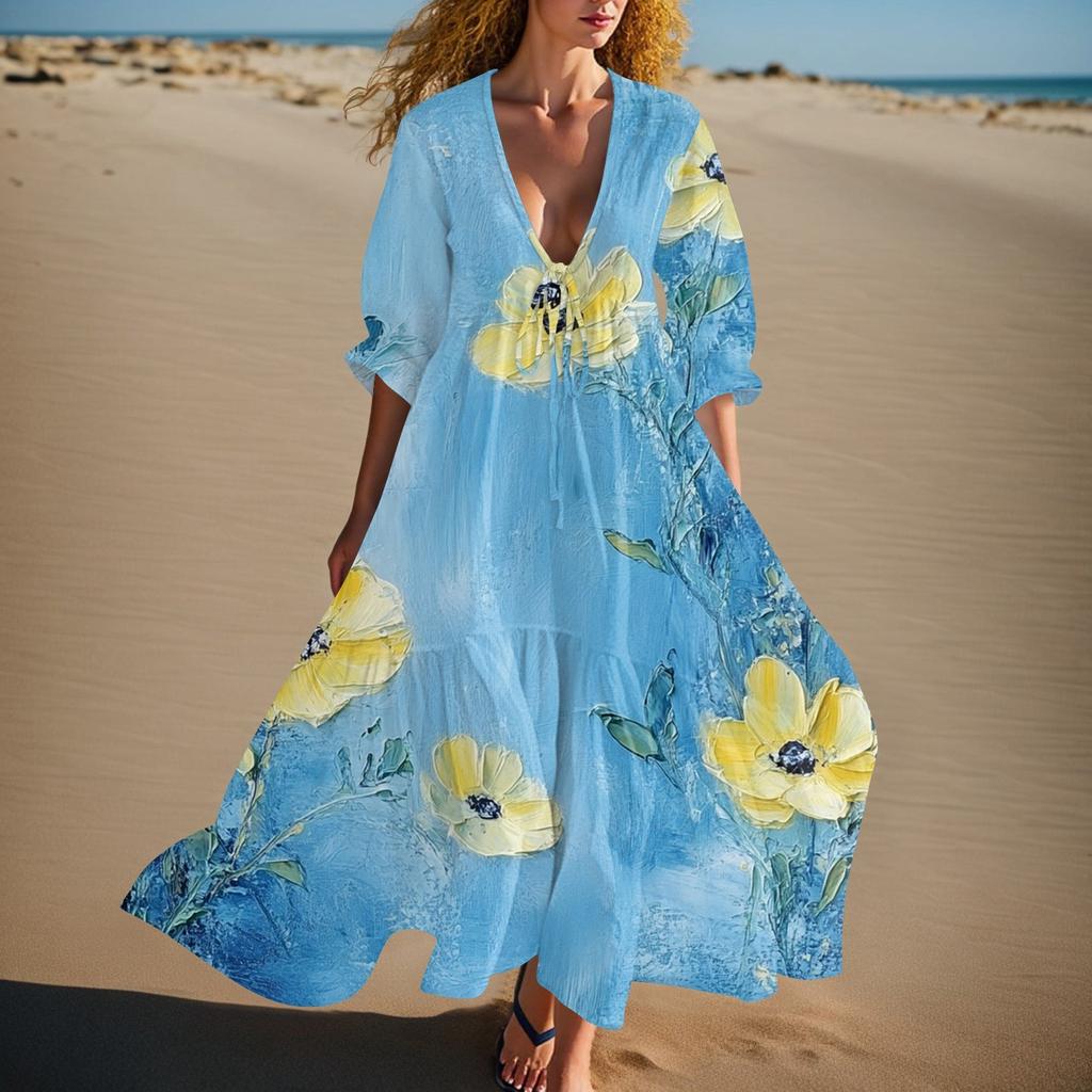Women's Summer Fashion V-neck Retro Floral Print Short Sleeved Beach Dress With Lace Patchwork Dress