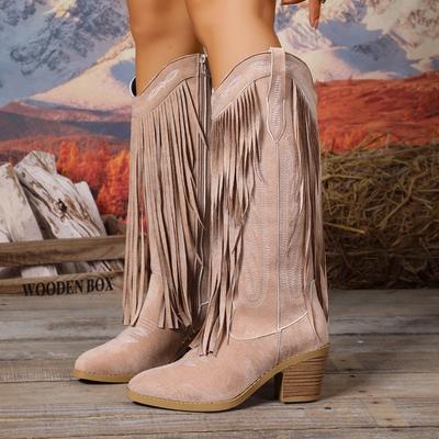 Embroidered Big Yard Pointed Toe High Heel Tassel Boots Women's 2025 Winter New Ethnic Style Thick-heeled Knight Boots