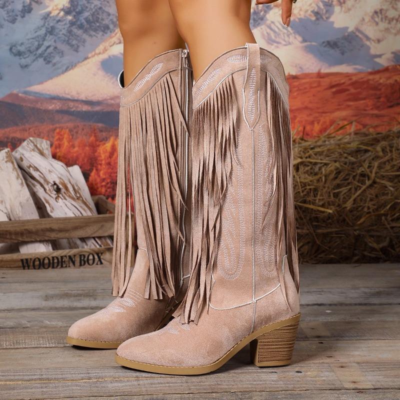 Embroidered Big Yard Pointed Toe High Heel Tassel Boots Women's 2025 Winter New Ethnic Style Thick-heeled Knight Boots