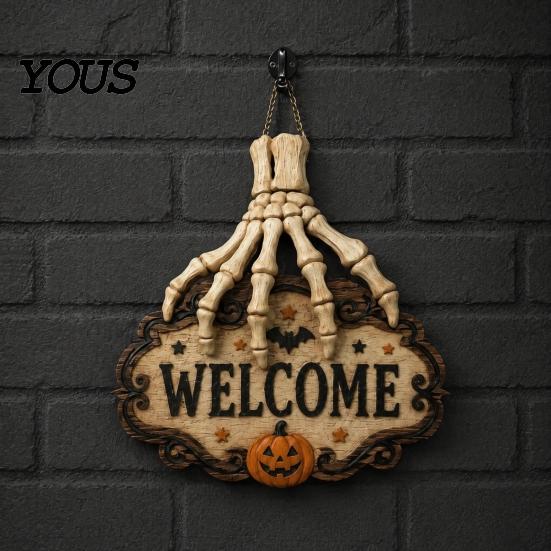 Handmade Hemp Rope Plaque Skeleton Hand Door Welcome Sign, Halloween Pumpkin Bat Pattern Decor, Vintage Lace Texture Sign Wall Hanging Plaque,