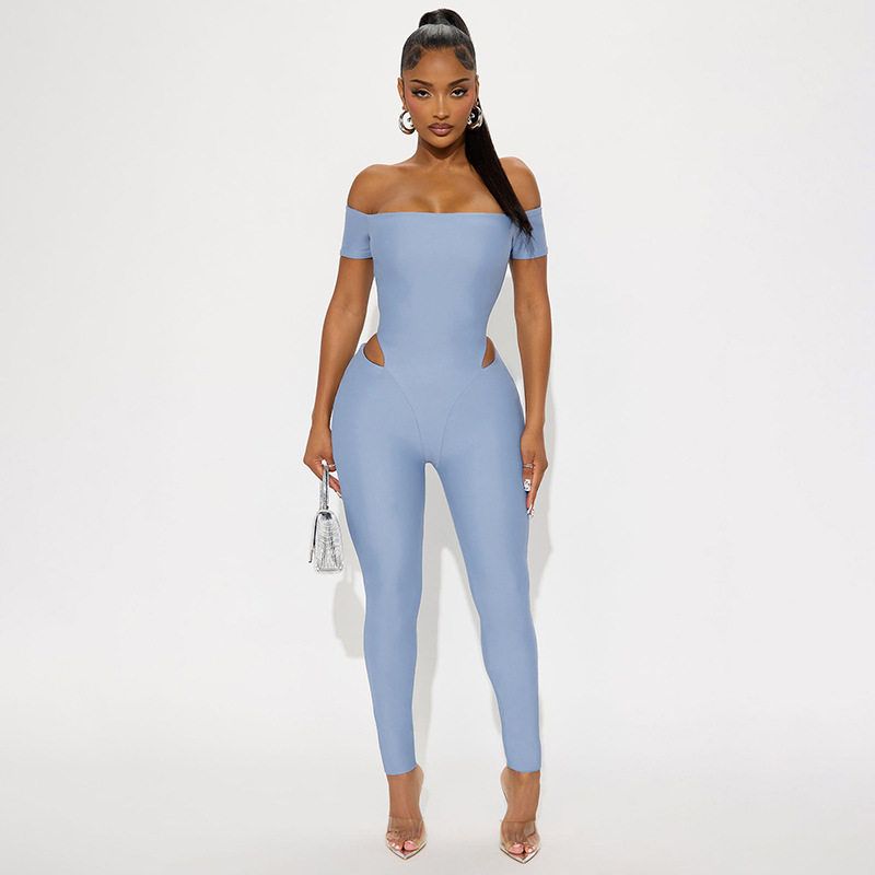 J25Jp432 Cross-Border European and American Amazon 2025 New Women s Fashion Hot Girl Style Solid Color One-Shoulder Jumpsuit Light Blue S