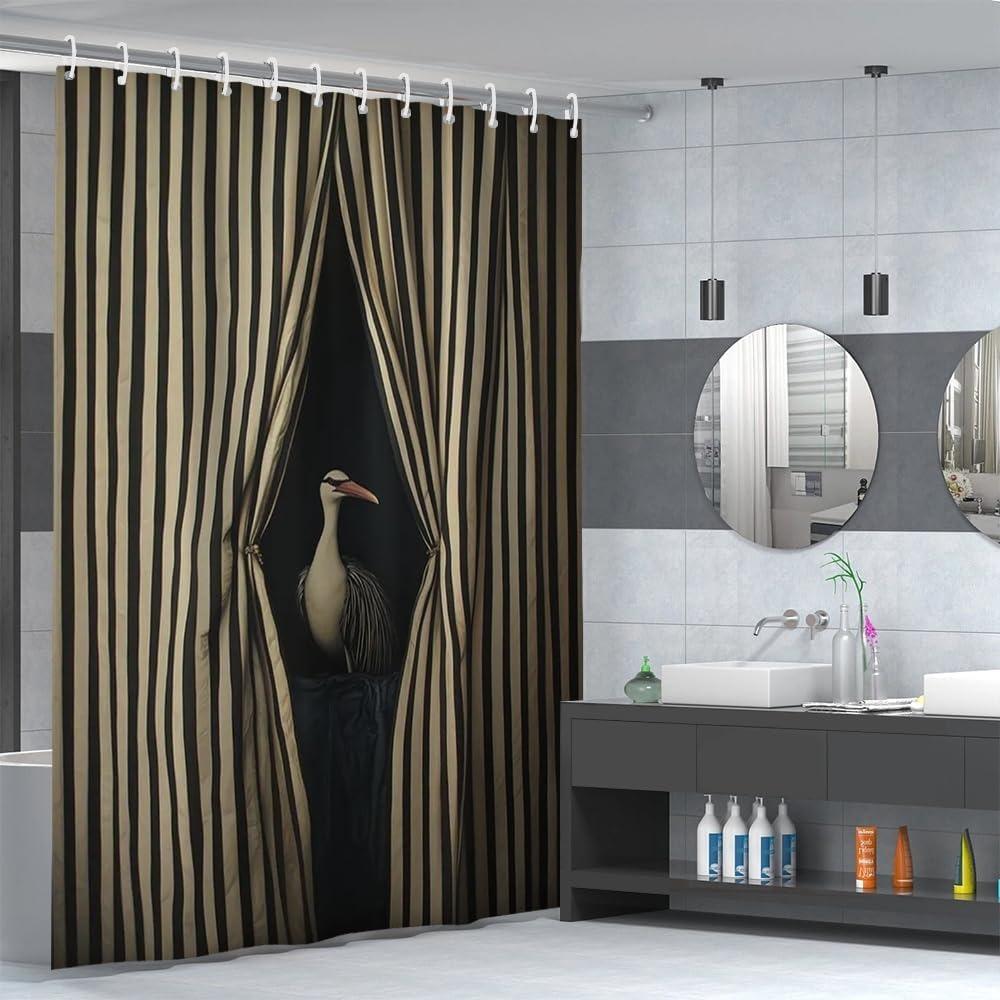 Tenda da Doccia Elegante a Strisce Bianche e Nere con Uccelli Opere d'Arte Divertenti di Animali per Bagno della Cameretta