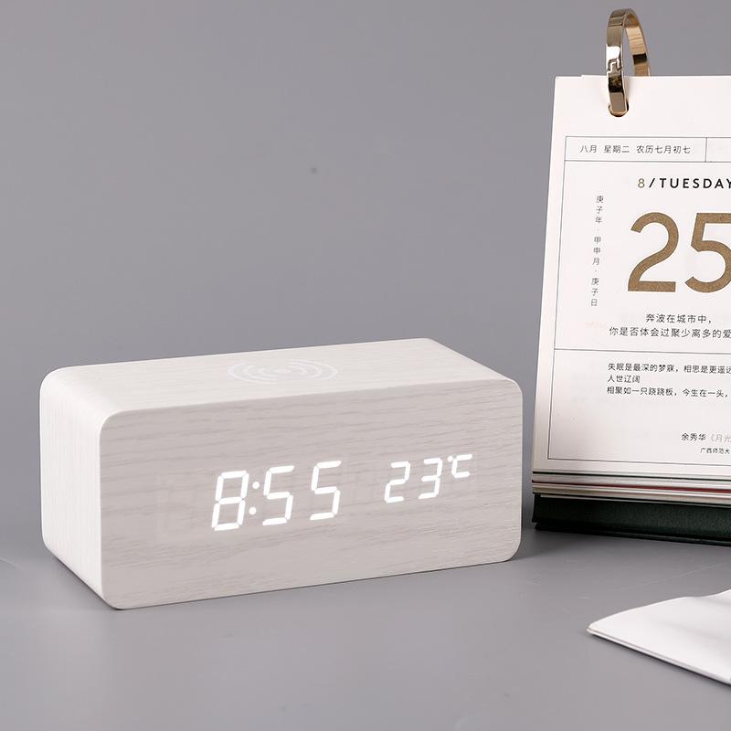 Wireless Charging Clock Sound Control Clock Wooden Clock Smart Wireless Charging Temperature Alarm Clock Electronic Digital Wooden Clock