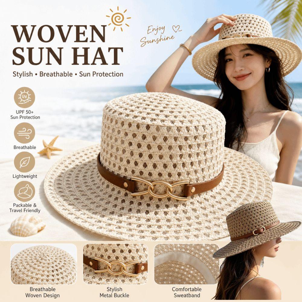 Woven Flat Top Hat Buckle Decorated Band Flat Brim Hat Versatile Straw Hat Daily Matching