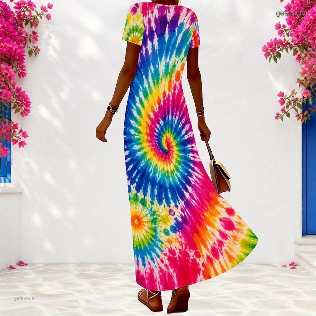 Women Plus Size V Neck Short Sleeve Abstract Leaf Print Long Dress