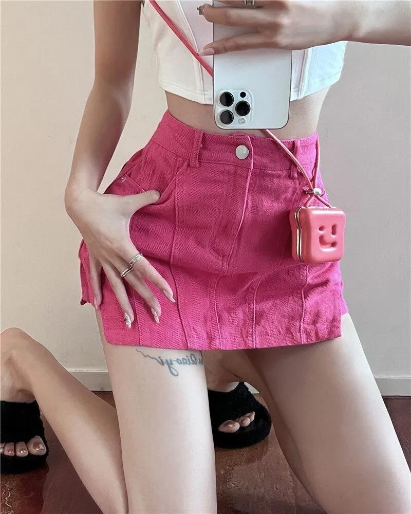 Weißer unregelmäßiger Denim-Halbkörperrock, Hose für den Sommer, würzige A-Linie, kleiner, hoch taillierter, dünner, kurzer Rock für Damen