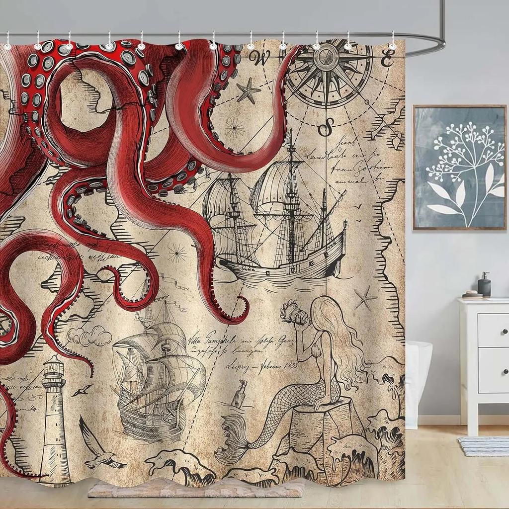 Vintage Nautical Octopus Shower Curtain Blue Mermaid Funny Ocean Kraken Anchor Coastal Map Polyester Fabric Bath Curtain Decor