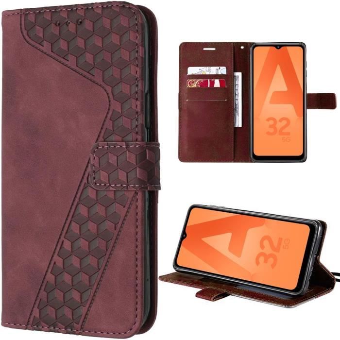 Coque de protection - Samsung - Galaxy A32 5G - Cuir PU embossé - Rouge - Support intégré