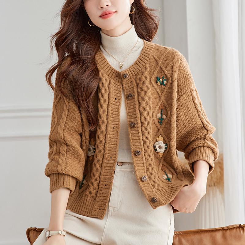 Vintage Style Heavy Industry Embroidered Twist Sweater Jacket for Womens Spring Clothes Updated Relaxed Fit Lazy Style Top One size