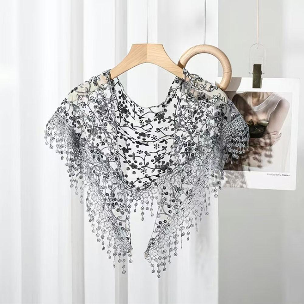 Triangular knitted floral scarf for women, shawl with tassels, casual, classic, transparent, breathable, sun protector