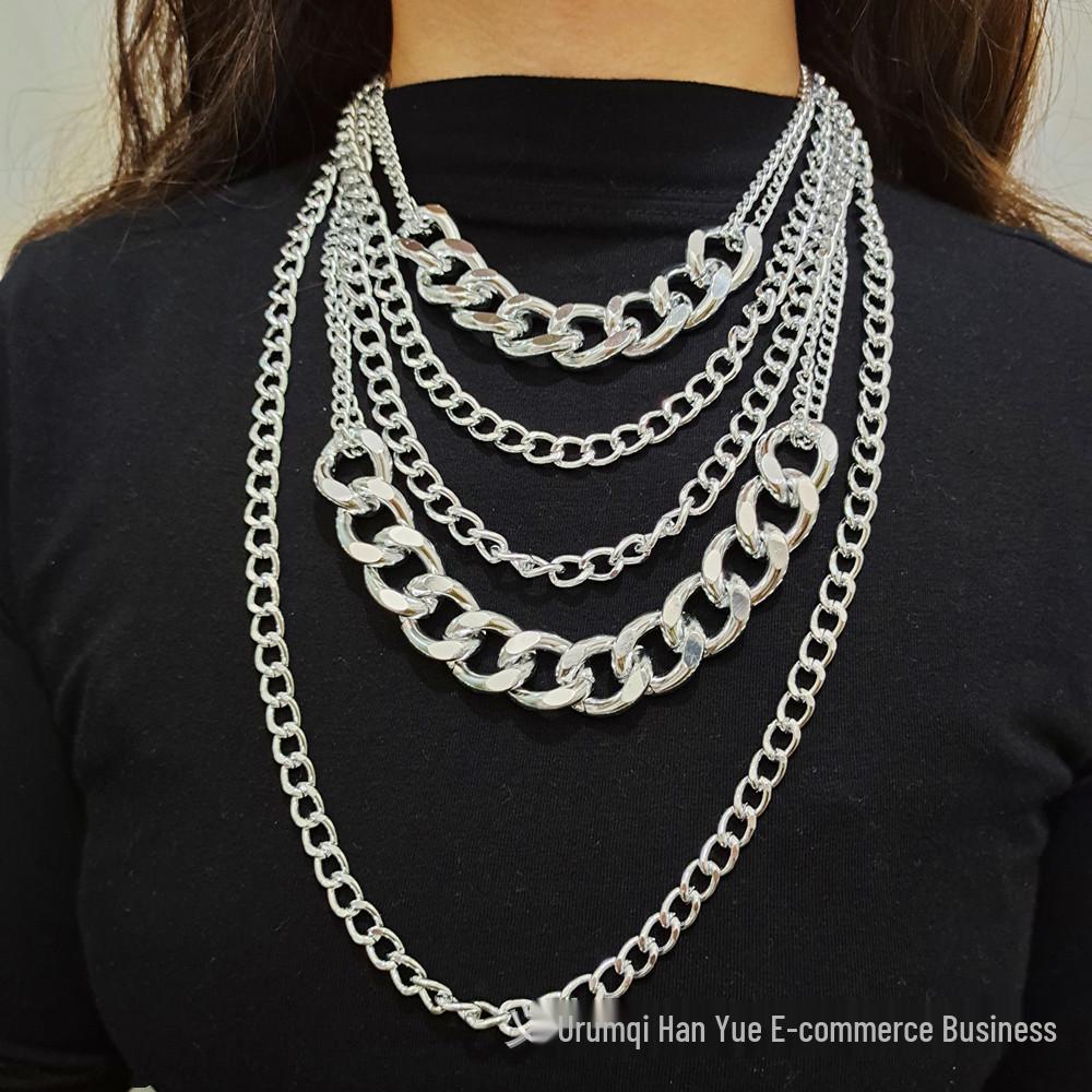 

European & American Cross-border Multi-layer Thick Chain Necklace for Women - Punk Hip Hop Metal Sweater Chain Accessories