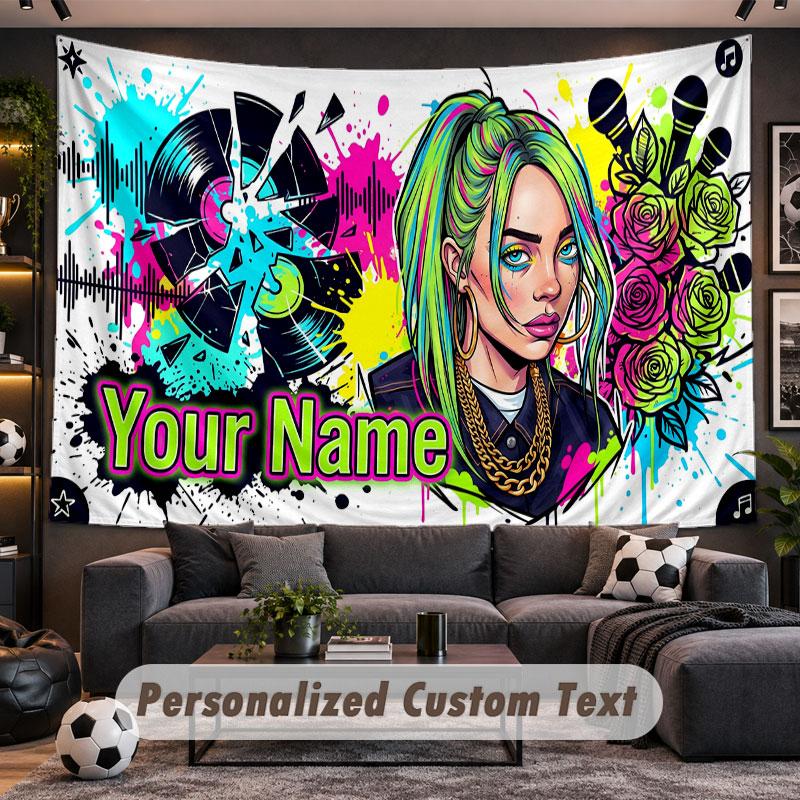Wall Hanging Tapestry Custom NameBillie Eilish Pattern Personalized Printed Fabric Wall Decor