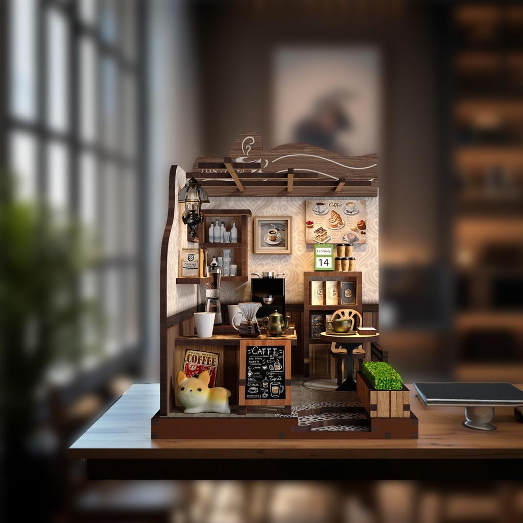 QmXCyzl Wooden DIY Dollhouse Kit, Miniature 3D Bookstand, Holiday Gift, Architectural Scenario (Countryside Cafe)