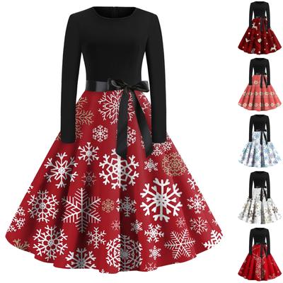 Women's Christmas Casual Fashion Round Neck Long Sleeve Printed Vintage Dresses
