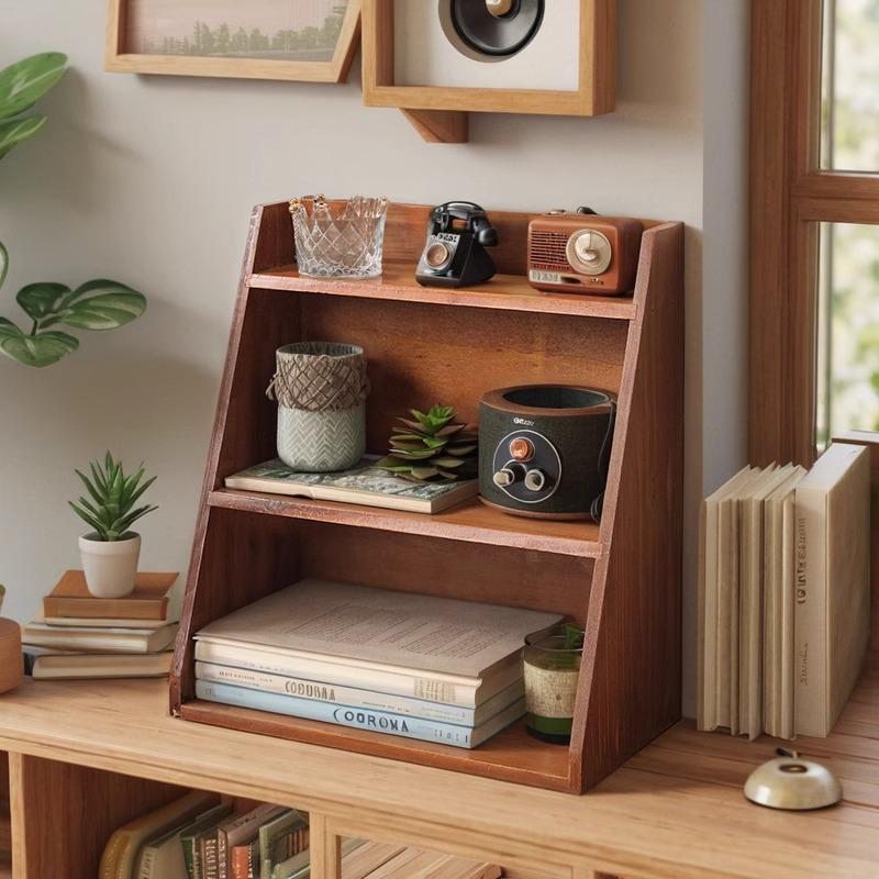 Wooden Retro Desk Organizer: Solid Wood Wall-Mounted Holder for Perfume, Cosmetics, Coffee Cups, and Utensils.