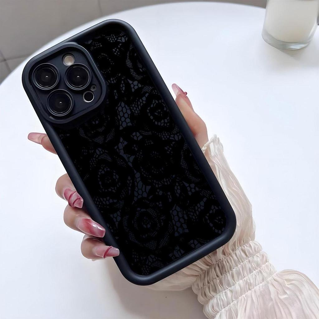 Černý krajkový drážkovaný ochranný kryt na telefon iPhone 14/15/16/17 Pro Max