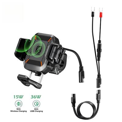 Motorcycle Wireless USB C Phone Holder Anti-Vibration Crossbar Phone Mount for 5.2"-7.2" Phones Works with 12-24V Motobike