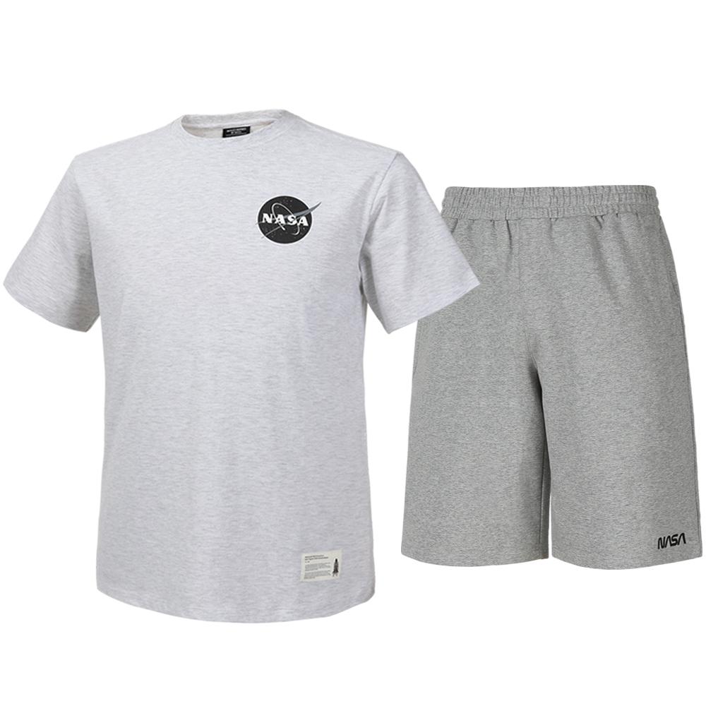 Nasa Unisex Cotton Blend Training T-Shirt + Knee-Length Cotton Shorts Set [Melange White + Light Melange] 95