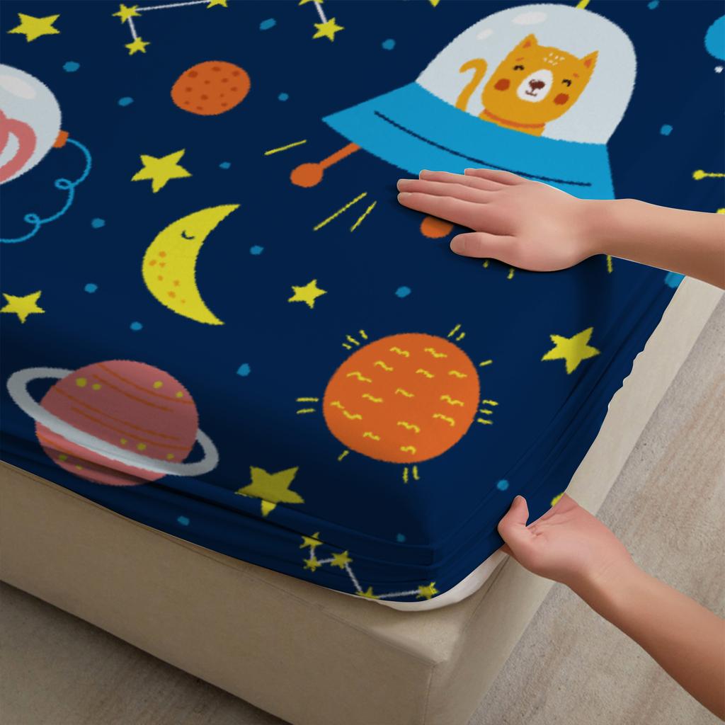 3pcs Playful Fitted Sheet Set For Kids Boys Cartoon Style Space Animals Rockets Planets Stars Printed 100% Polyester Bed Sheet