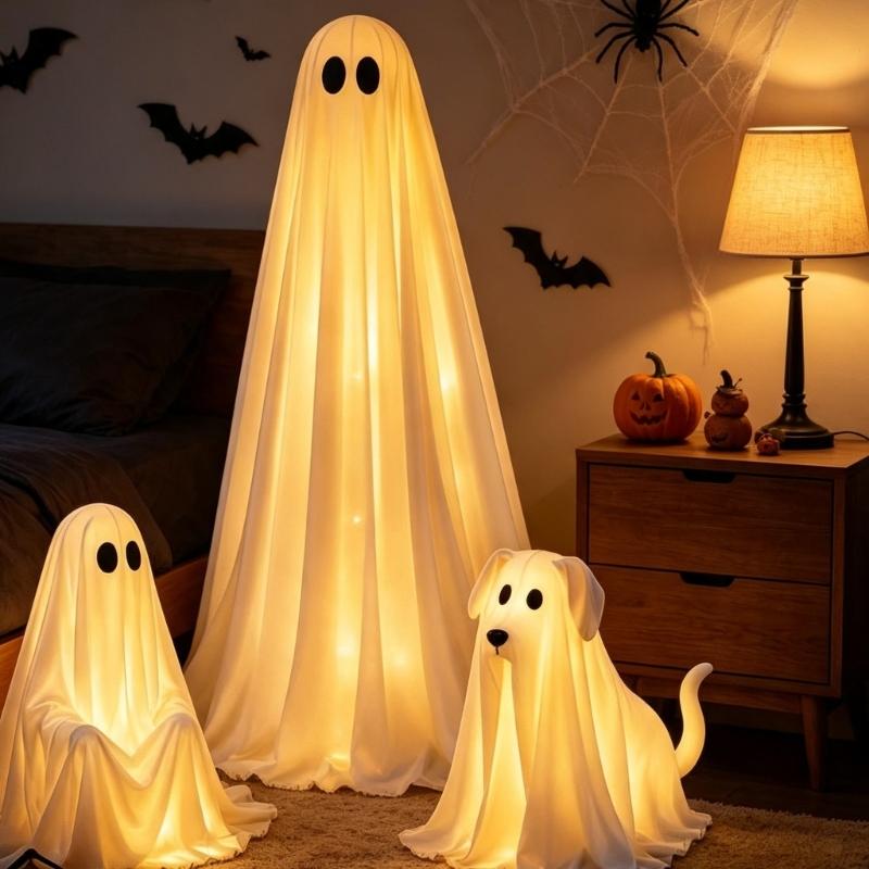 3 Piece Lighted Halloween Figure Set, Warm White LED Fabric Spirit Figures With Remote Control for Yard Porch Window Party Display