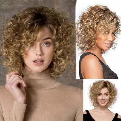 Synthetic Wigs for Women Short Curly Hair Mix Blonde Wig with Bangs Natural Hairstyle Mommy Wig Daily Wear Hair Replacement Wigs