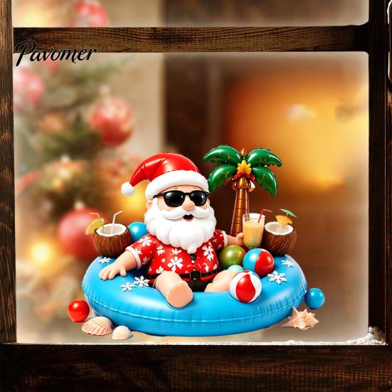 Home Beautification Stickers Christmas Santa Claus Window Clings, Summer Tropical on Pool Float Festive Storefront Glass Decals, Hawaii Beach Holiday