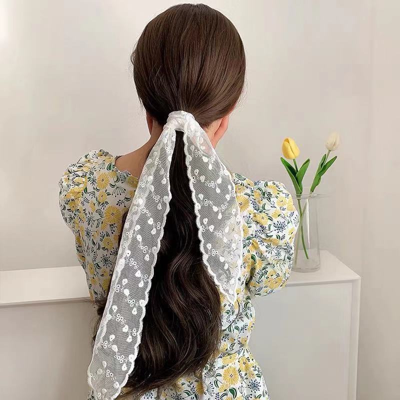 Fashion Solid Color Lace Embroidery Women's Hair Scarf Korean Style Hair Long Ribbons Scarf Hair Bands  Headwear