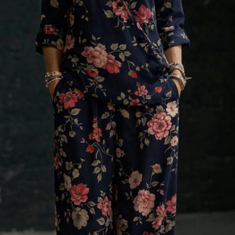 2026 Spring and Summer New Women's Clothing, European and American Minimalist Temperament Loose V-neck Diagonal Button Shirt Wide-leg Pants Two-piece