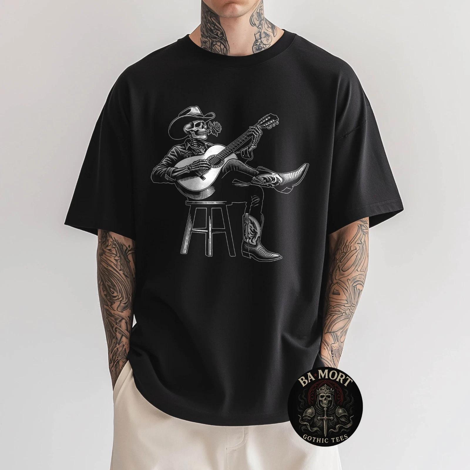 Skeleton Cowboy Rose Guitar Country Music Western Gothic T-Shirt XXXXL