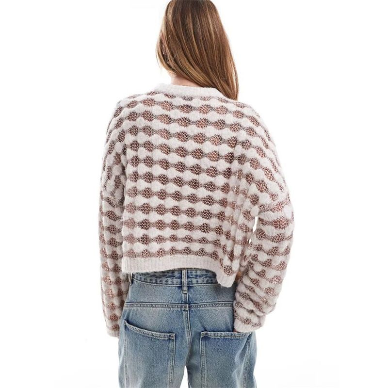 Foreign Trade Original Order Tail Goods British As Mesh Dot Perspective Loose Short Women Knitted Sweater Long Sleeve Top