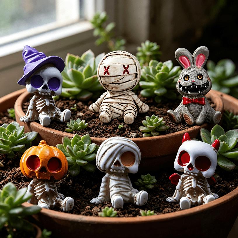 6PCS Halloween Funny Skeleton Mummy Ornaments, Mini Resin Miniature Statues, Halloween Scene Decoration Gifts