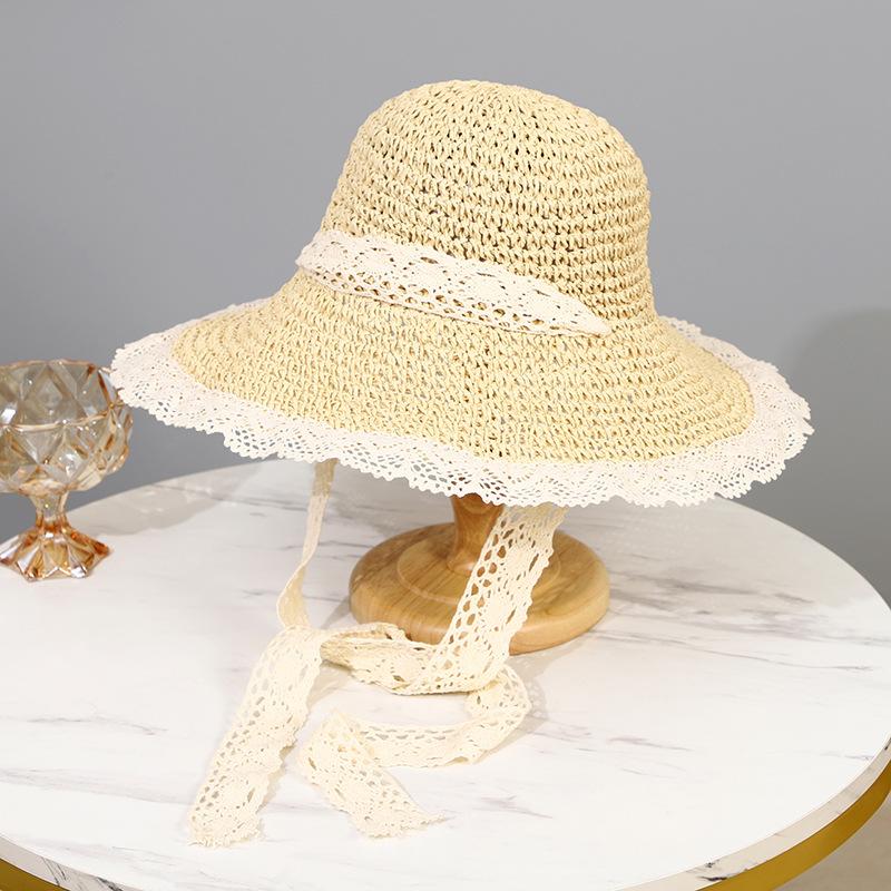 French straw hat women's summer new breathable lace hollow sunscreen hat seaside hat sun hat