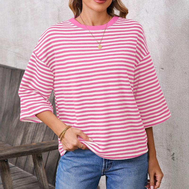 

Women s Round Neck Striped Back Tie Bow Pullover Knitted Top S рожевий