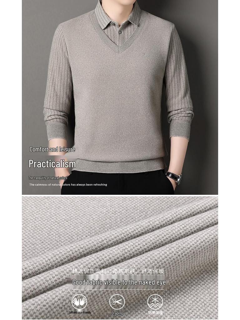Men's Winter Holiday Two-Piece Plus Velvet Warm Sweater with Shirt Collar
