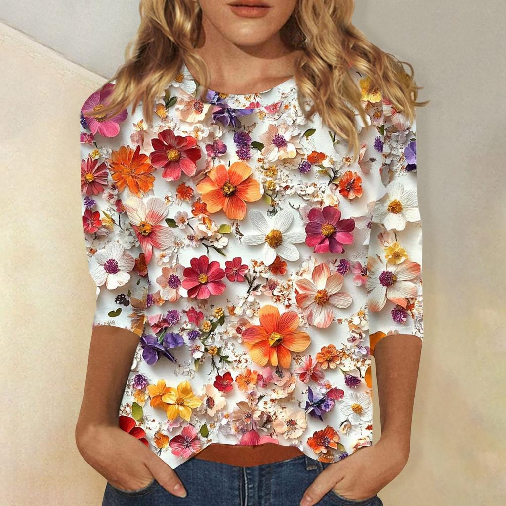 Women's Floral And Casual Three-quarter Sleeves Floral Print Collar Top