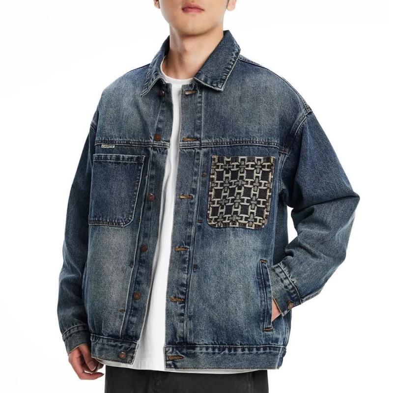 Men's Autumn Patchwork Denim Jacket: Precision Embroidery, Loose Fit, Plus Size Workwear Design.