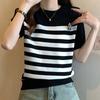 Women Sweaters Pullovers 2025 Summer Short Sleeve O-Neck Striped White Black Knitted Sweater Women Tops Pullover JJ242