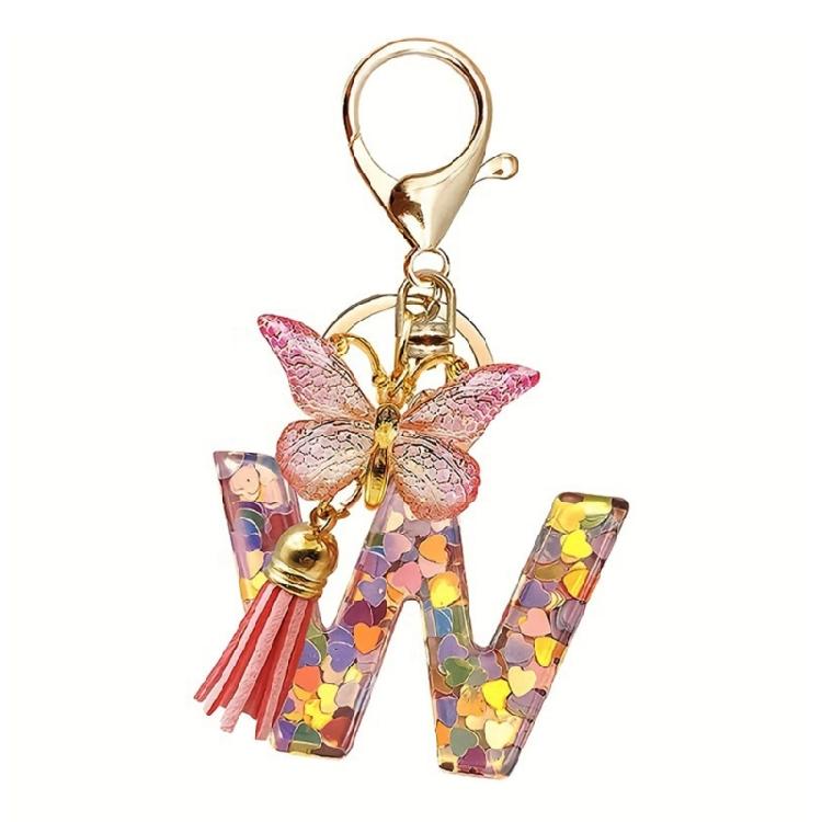 Fashionable Crystal Letter Keychain Sparkling Butterfly Tassels Charm Keyring Ornament for Women Girls Accessories