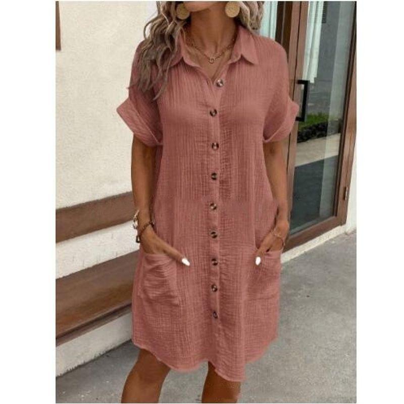 Western Style Fashion Casual Loose Short Sleeve Dress Single Breasted Short Dress Single Brewed Dress