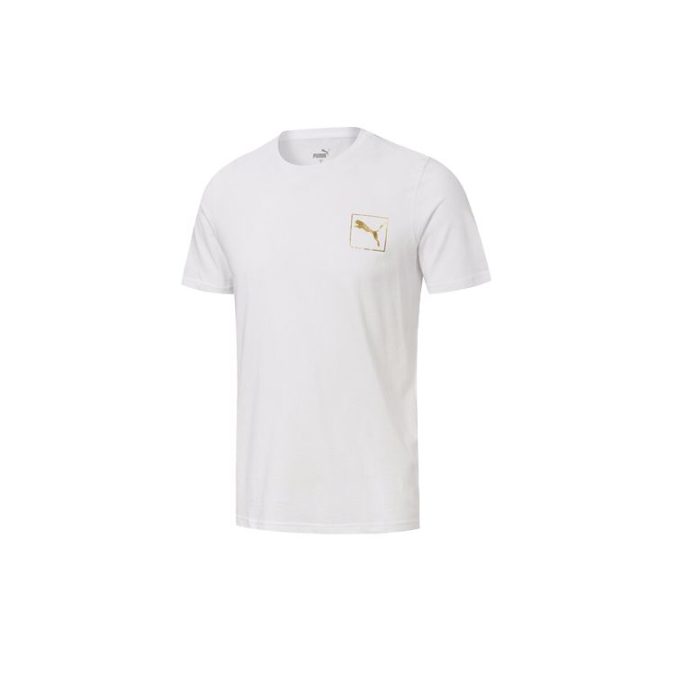 Puma Metallic Gold Print Crew Neck T-Shirt Men Tops White 587582-02