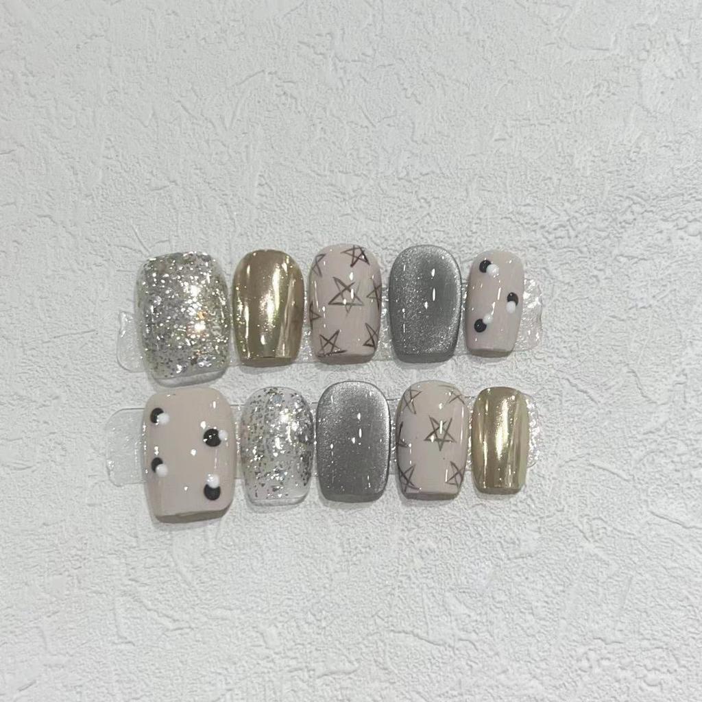 10pcs Y2K Retro Gothic Metal Cat Eye Short Square Press On Nails Cool Fake Nail Tips