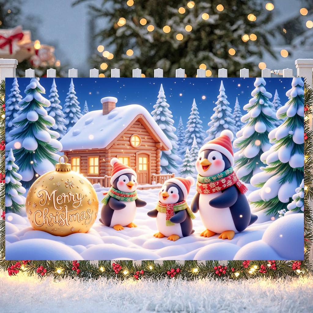 Festive Banner Gold Decorative Penguin Christmas Banner Holiday Banner Snowy Tree For Holiday Photo Shoot Christmas Decoration