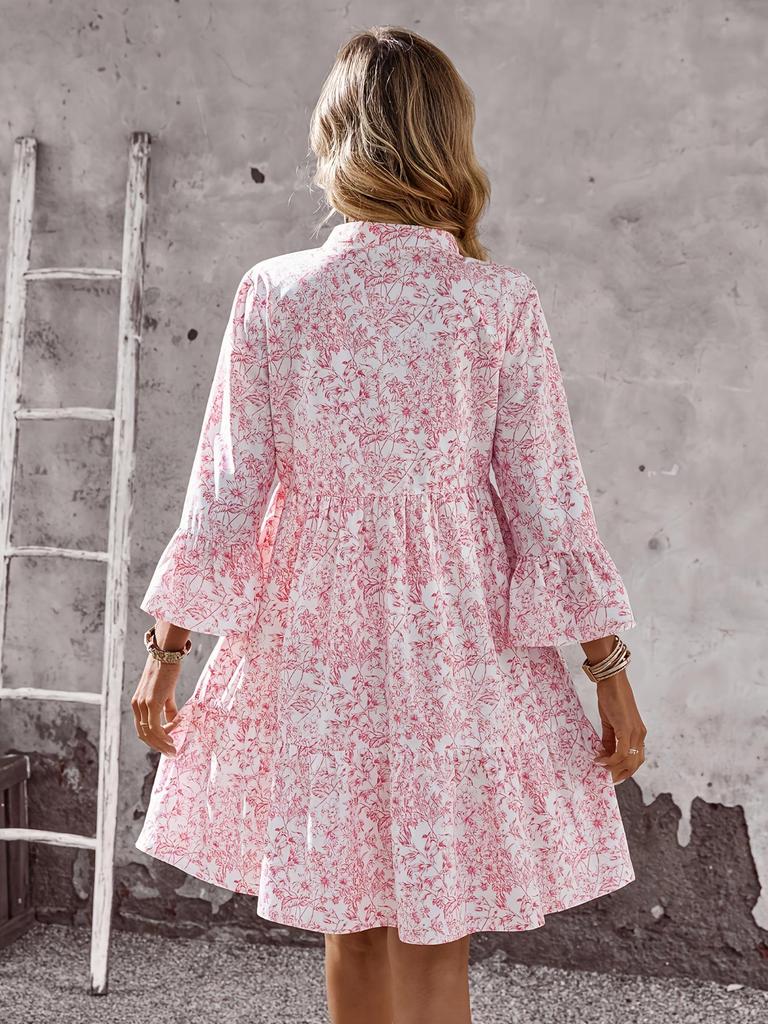 European & American Style Floral Bell Sleeve V-neck Midi Dress for Women