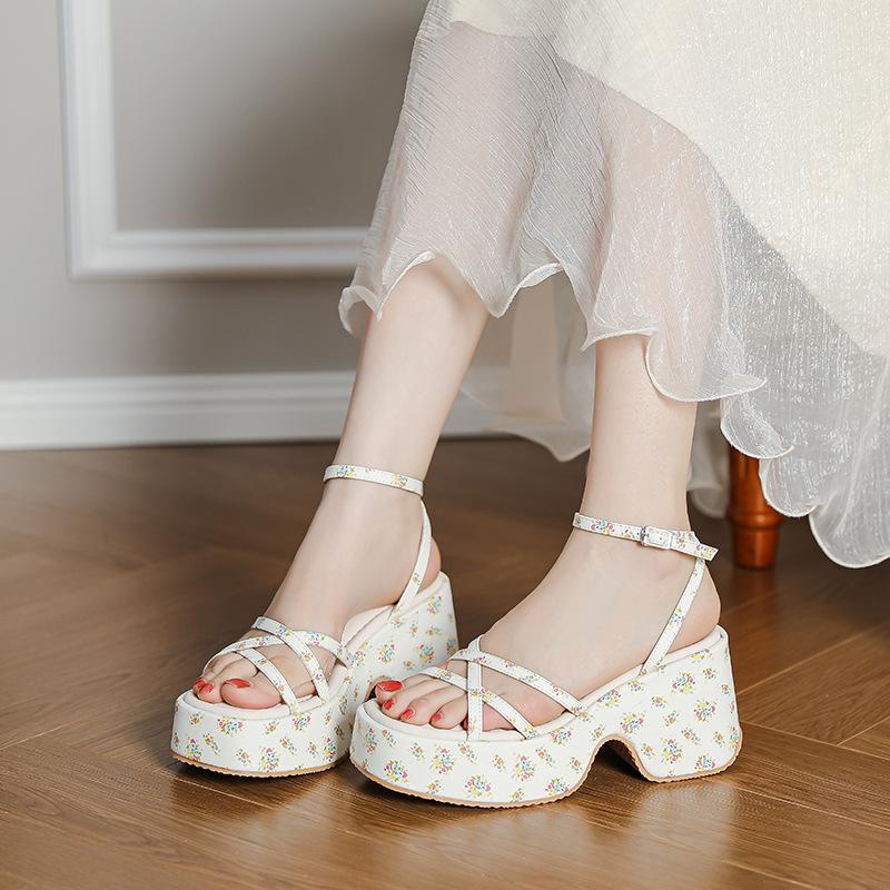 Summer sandals women's slope heel thick sole 7CM waterproof table thick heel one-word buckle cross thin strap beige floral Roman shoes