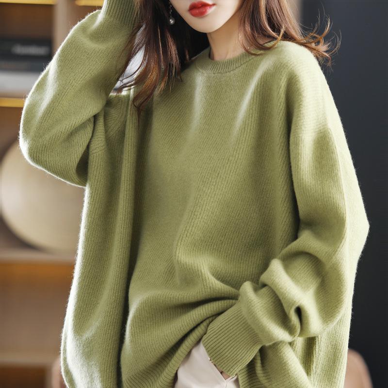 Women's Mid-Length Loose Knit Pullover: Round Neck, Drop Shoulder, Long Sleeve, Solid Color, Autumn/Winter Korean Style.